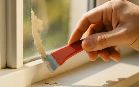 Dłoń zeskrobuje starą farbę lateksową z okna za pomocą skrobaka.