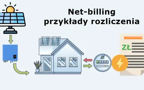 Schemat ilustruje, jak prosument energii odnawialnej rozlicza się z nadwyżek prądu. Panele słoneczne na dachu domu produkują energię, która trafia do falownika, a następnie do sieci.
