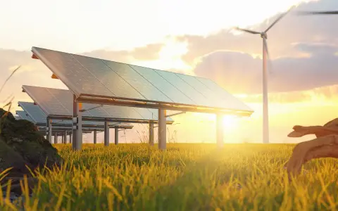 Panele słoneczne i wiatraki na tle zachodzącego słońca. W trawie leży kawałek drewna. To przyszłość energetyki, gdzie cable pooling zapewnia zrównoważony rozwój.