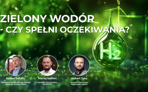 Zielony wodór: czy spełni oczekiwania? Grafika z kroplą H2, wiatrakami i sylwetkami ekspertów.