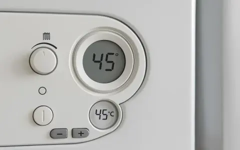 Panel sterowania pieca gazowego Vaillant z wyświetlaczem 45°C. Pokrętło regulacji temperatury ustawione na 1. Ekonomiczne ustawienie pieca gazowego Vaillant.