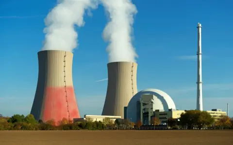 Dwie chłodnie kominowe i kopuła elektrowni konwencjonalnej na tle błękitnego nieba.