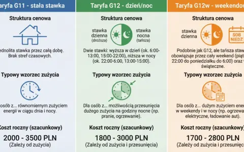Porównanie taryf energii: G11 (stała), G12 (dzień/noc) i G12w (weekendowa). Wybierz klaster energii dopasowany do Twoich potrzeb.