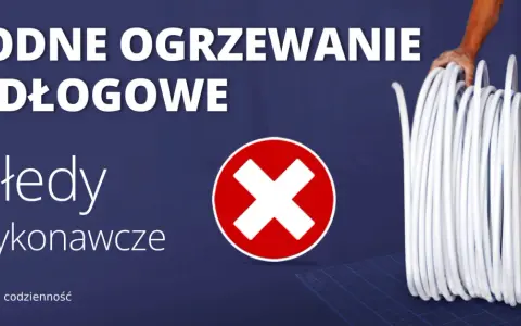 Wodne ogrzewanie podłogowe: błędy wykonawcze. Czerwony znak "X" symbolizuje problemy, a zwój białej rury sugeruje instalację.