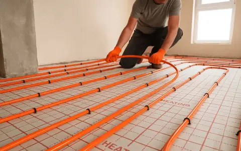 Instalator w pomarańczowych rękawicach układa pomarańczowe rury ogrzewania podłogowego.