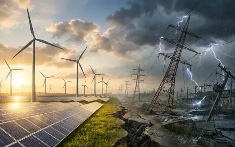 Kontrastowa wizja energetyki w Niemczech: słoneczne farmy i wiatraki po lewej, zniszczone linie energetyczne i burza po prawej.
