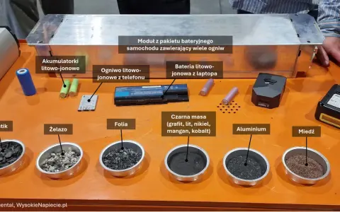 Rozłożony moduł baterii samochodowej, ogniwa litowo-jonowe, folia, grafit, lit, nikiel, mangan, kobalt, aluminium, miedź. To wszystko składniki, które można odzyskać, zamiast stosować baterie przepływowe.