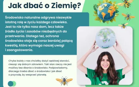 Jak dbać o środowisko? Młoda kobieta z uśmiechem trzyma globus, symbolizując troskę o planetę. Pszczoły i Ziemia w tle podkreślają potrzebę ochrony przyrody.
