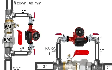 Schemat montażu pompy CO w poziomie. Widoczne przyłącza 6/4", 1" i 2" z zaworami i pompą.