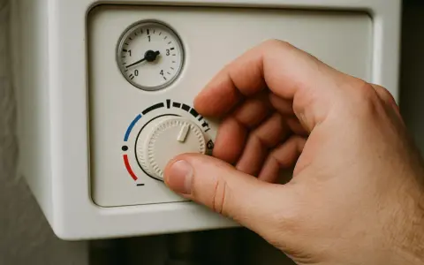 Dłoń reguluje pokrętłem termostat, by obniżyć za wysoka temperaturę na piecu gazowym.