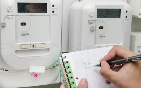 Osoba notuje odczyty liczników energii elektrycznej, przygotowując się do rozliczenia opłaty za przesył prądu.