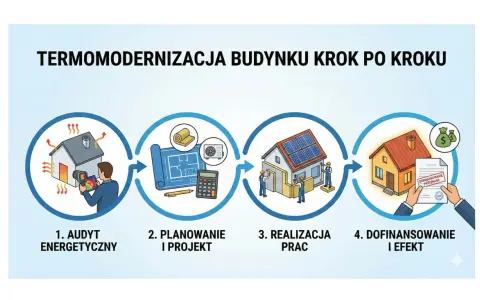 Termomodernizacja budynku krok po kroku: audyt, projekt, realizacja i dofinansowanie. Zobacz, jak uzyskać wsparcie finansowe na ocieplenie domu.