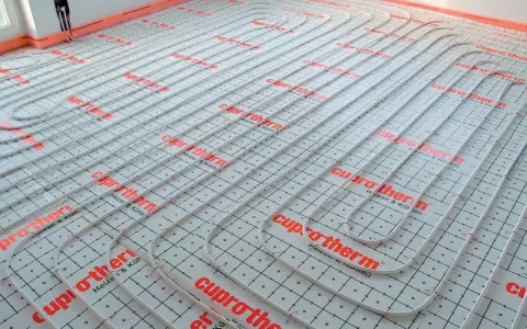 System ogrzewania podłogowego Cuprotherm w trakcie montażu. Wybór między ogrzewaniem podłogowym a grzejnikami to ważna decyzja.
