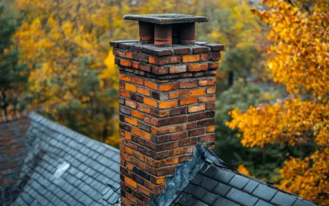 Jesienny komin z cegły na dachu, idealny do wymiany pieca w pomorskim domu.