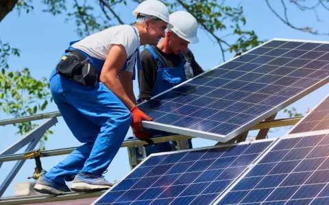 Dwóch monterów instaluje panele fotowoltaiczne. Zastanawiasz się, ile to kw? 10 kwp to moc szczytowa instalacji.