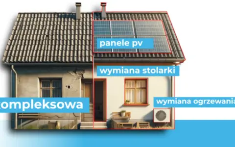 Dom po termomodernizacji: panele PV, wymiana stolarki, ogrzewania. Kompleksowa modernizacja w ramach krajowego projektu energetycznego.