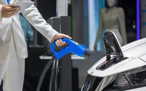Elektromobilność w zamówieniach publicznych: ładowanie pojazdu elektrycznego. Dłoń trzymająca niebieską wtyczkę ładowarki.