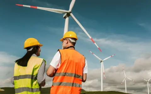 Dwóch pracowników, technik OZE, w kaskach i kamizelkach odblaskowych, obserwuje farmę wiatrową.