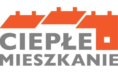Logo programu "Ciepłe Mieszkanie" z pomarańczowymi dachami i szarym napisem.