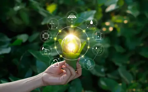 Dłoń trzyma żarówkę z zielonymi liśćmi, otoczoną ikonami symbolizującymi niekonwencjonalne źródła energii: wiatr, słońce, wodę, biomasę i paliwa.