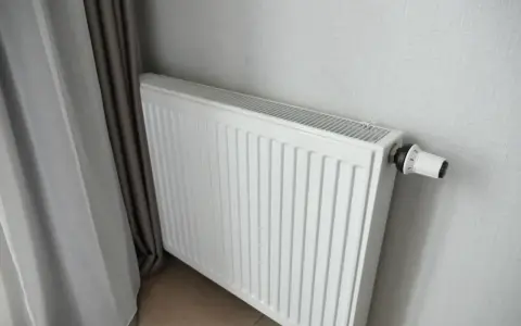 Biały grzejnik panelowy z termostatem, idealny do pokoju 16m2. Obok zasłony.