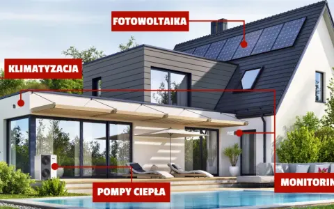 Nowoczesny ekologiczny dom z panelami fotowoltaicznymi, pompami ciepła, klimatyzacją i systemem monitoringu.