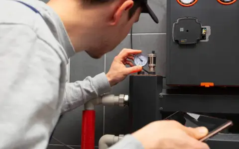 Technik sprawdza manometr kotła gazowego, by dowiedzieć się, jak najlepiej ustawić ogrzewanie gazowe. W ręku trzyma smartfon.