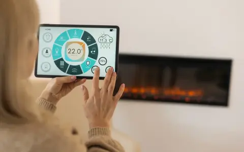 Kobieta steruje inteligentnym domem przez tablet, kontrolując temperaturę i inne funkcje. Widoczny jest ekran z ikonami i wskaźnikami, a w tle kominek.