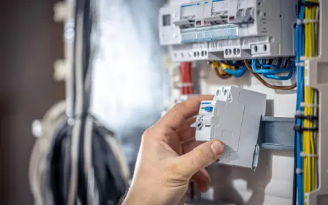 Dłoń montuje bezpiecznik w rozdzielnicy, kluczowy element domowej instalacji elektrycznej.