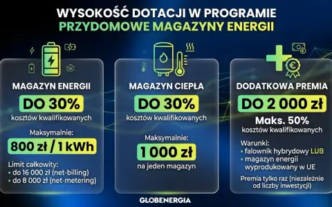 Dofinansowanie do fotowoltaiki: magazyn energii do 30% kosztów, magazyn ciepła do 30%, dodatkowa premia do 2000 zł.