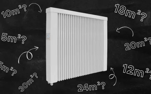 Jaki grzejnik do pokoju 18m²? Biały grzejnik elektryczny otoczony pytaniami o powierzchnię pomieszczeń: 5m², 10m², 12m², 15m², 18m², 20m², 24m², 30m².