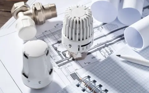 Termostaty grzejnikowe i zawór na tle planów instalacji grzewczej. Optymalizacja średniego zużycia ciepła na m2.
