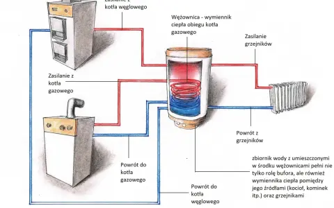 Schemat instalacji grzewczej z kotłem węglowym i gazowym, pokazujący przepływ ciepła i zapewniający sprawność pieca gazowego.