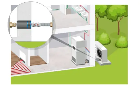 Schemat instalacji grzewczej z pompą ciepła i ogrzewaniem podłogowym. Widoczny fragment sieci energetycznej, połączenia hydrauliczne i przyłącze do jednostki zewnętrznej.