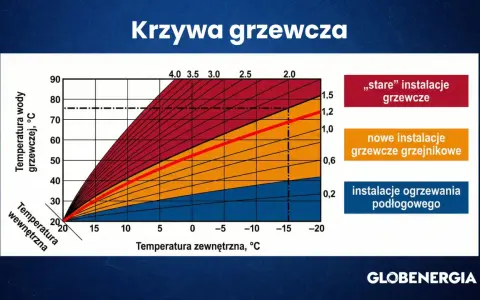 Wykres pokazuje krzywą grzewczą dla grzejników, porównując stare i nowe instalacje z ogrzewaniem podłogowym.