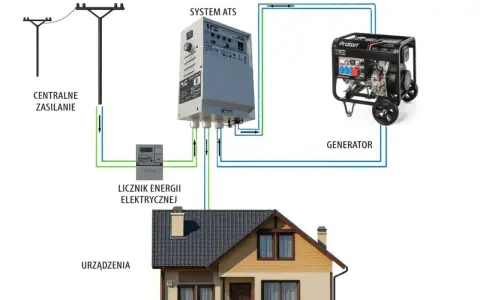 Schemat instalacji trójfazowej: zasilanie z sieci, licznik, system ATS, generator i domowe urządzenia.