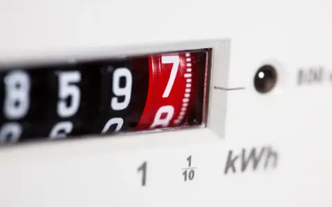 Liczniki energii elektrycznej pokazują zużycie prądu. Ten licznik pokazuje 8597 kWh, co jest odczytem dla dostawcy energii elektrycznej.