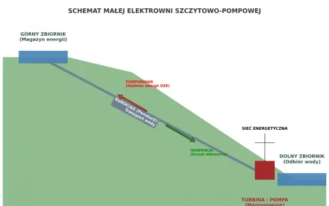 Schemat elektrowni szczytowo-pompowej: woda z górnego zbiornika (magazyn energii) płynie rurociągiem do turbiny/pompy, generując energię. Pompowanie nadmiaru energii OZE odbywa się w przeciwnym kierunku.
