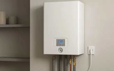 Nowoczesny piec elektryczny do domu 100m2, z cyfrowym wyświetlaczem i termometrem, podłączony do gniazdka.