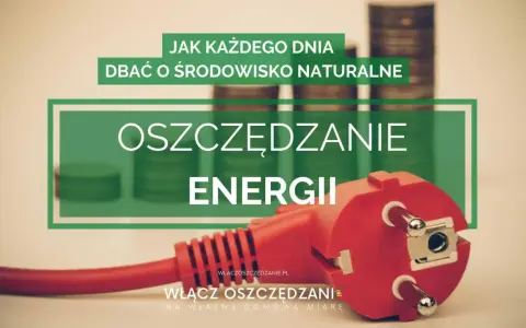 Wtyczka elektryczna i stosy monet symbolizują oszczędzanie energii. Tekst zachęca do codziennej troski o środowisko naturalne.
