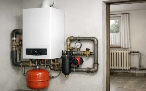 Nowoczesny kocioł gazowy do układu otwartego, z cyfrowym wyświetlaczem i widocznym manometrem, podłączony do instalacji grzewczej.
