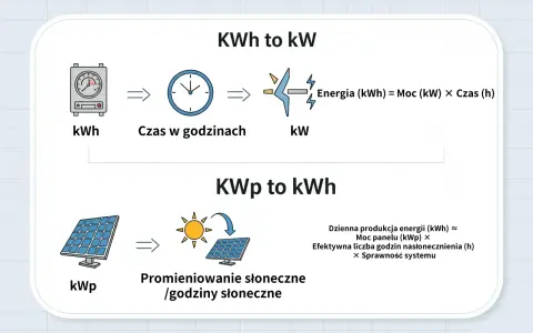 Schemat pokazuje, jak przeliczać jednostki energii: kWh na kW (Moc x Czas) i kWp na kWh (produkcja energii z paneli słonecznych).