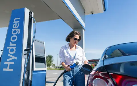 Kobieta tankuje auta na wodór. Stacja z napisem "Hydrogen" i niebieska dystrybutor.