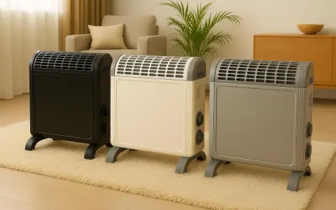 Trzy grzejniki elektryczne w kolorach czarnym, kremowym i szarym. Grzejnik v22 co to znaczy? To model, który zapewnia komfort cieplny.