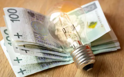 Żarówka na stosie banknotów 100 zł symbolizuje wysokie koszty energii i potrzebę dopłat do prądu.