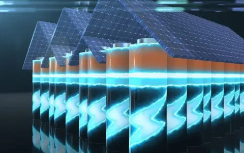 Rząd baterii z panelami słonecznymi na górze, symbolizujący żywotność magazynu energii. Błyskawice energii wewnątrz baterii.
