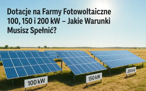 Panele fotowoltaiczne na polu, z tabliczkami 100 kW, 150 kW i 200 kW. Informacja o dofinansowaniu do farmy fotowoltaicznej.