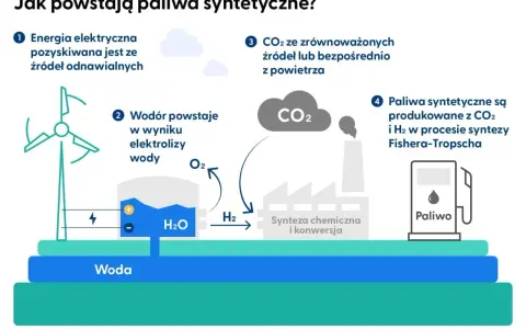Schemat przedstawia produkcję paliw syntetycznych: energia z OZE, elektroliza wody, pozyskiwanie CO2 i synteza Fishera-Tropscha.