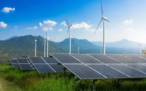 Panele słoneczne i wiatraki na tle gór i błękitnego nieba. To przyszłość, którą wspiera program Energia Plus.