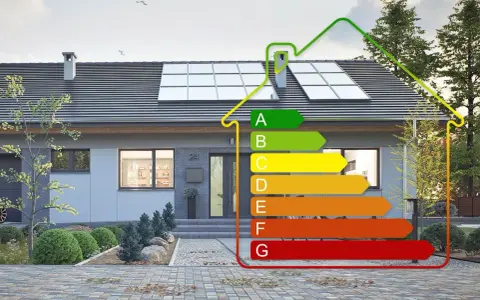 Nowoczesny dom z panelami słonecznymi i etykietą energetyczną. Określa zapotrzebowanie energetyczne domu od A (najlepsze) do G (najgorsze).